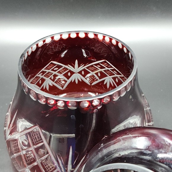 Vintage Bohemian Czech Ruby Red Cut to Clear Glass Canister Jar with Lid 9" tall - Picture 2 of 11